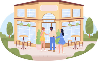 Poster - Friends near cafe building on street 2D raster isolated illustration. Standing flat characters on cartoon background. Colourful scene for mobile, website, presentation