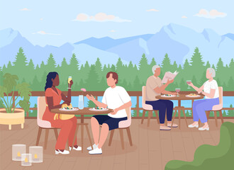 Poster - Guests enjoying dinner at mountain resort flat color raster illustration. People resting on open cafe terrace. 2D simple cartoon characters with distant hills on background