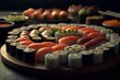 Sushi and maki platter. Many rolls organized. Japanese food. 