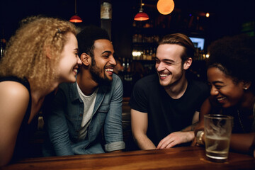 Wall Mural - Diverse group of young people of different races hanging out in a bar and having fun. Generative AI