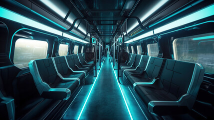 Poster - Dark blue spaceship interior with glowing lights and seats, Generative AI
