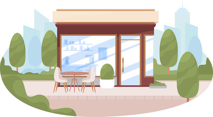 Poster - Coffee shop kiosk with empty table 2D raster isolated illustration. Empty flat cityscape on cartoon background. Cafe colourful scene for mobile, website, presentation. Recursive font used