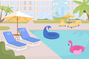 Poster - Empty hotel poolside with equipment for rest flat color raster illustration. Exotic luxury resort waits for guests. 2D simple cartoon landscape with hotel building on background