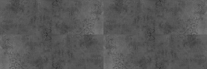 Wall Mural - Old gray grey vintage worn geometric arabesque shabby mosaic ornate patchwork motif porcelain stoneware tiles stone concrete cement wall texture background banner panorama seamless