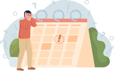 Poster - Deadline anxiety 2D raster isolated illustration. Shocked man flat character on cartoon background. Colourful scene for mobile, website, presentation. Nerko One Regular, Quicksand fonts used