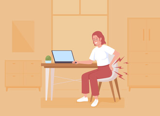 Poster - Lower back pain while seated flat color raster illustration. Woman suffering from backache after sitting all day. 2D simple cartoon character with cozy office interior on background