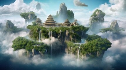 Chinese style Fantasy landscape illustration. Castle and islands floating in the sky. generative AI.