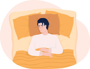 Poster - Sleep on back in relaxed position 2D raster isolated illustration. Man with calm face flat character on cartoon background. Cosy atmosphere. Colourful scene for mobile, website, presentation