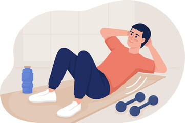Poster - Abs workout at home 2D raster isolated illustration. Young man strengthen core with exercises flat character on cartoon background. Colourful scene for mobile, website, presentation