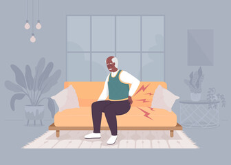 Poster - Degenerative joint disease in elderly flat color raster illustration. Old man with aching back. Painful health condition. 2D simple cartoon character with cozy interior on background