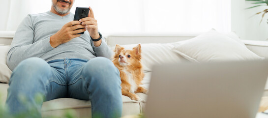 Middle-aged man using smartphone sitting on couch with his chihuahua dog at home. Text Messaging or browsing social networks. Panoramic, Banner