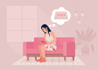Lower abdominal pain during menstrual cycle flat color raster illustration. Young woman with painful periods. 2D simple cartoon character with cozy living room interior on background