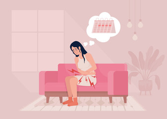 Poster - Lower abdominal pain during menstrual cycle flat color raster illustration. Young woman with painful periods. 2D simple cartoon character with cozy living room interior on background