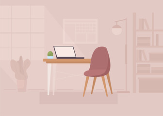 Poster - Home office furniture flat color raster illustration. Contemporary desk with chair. Workplace ergonomics. 2D simple cartoon interior with cozy atmosphere and bookcases on background