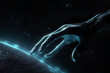 © ADDICTIVE STOCK - Generative AI illustration of hand of extraterrestrial ancient alien touching glowing surface of planet against dark black background