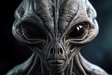 Generative AI Illustration Of Closeup Of Extraterrestrial Ancient Alien With Wide Dark Eyes Looking At Camera Against Blurred Background
