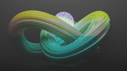 Poster - loop abstract 3d animation. a twisted torus, a knot, and a glowing sphere. the surface has bends and