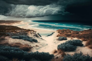 Poster - Aerial view of a beach under a gray sky Generative AI