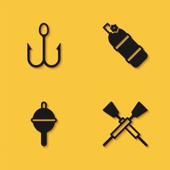 Poster - Set Fishing hook, Crossed oars or paddles boat, float and Aqualung icon with long shadow. Vector