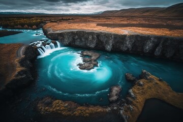 Wall Mural - High angle shot of the godafoss fossholl lagoon in iceland Generative AI
