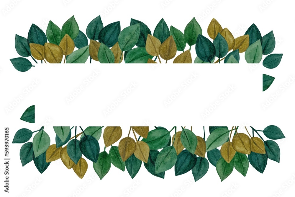Watercolor floral illustration - green and gold leaf frame - border ...