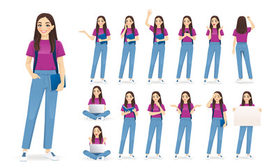 Young student woman with backpack and book casual style clothes set different gestures isolated vector illustration