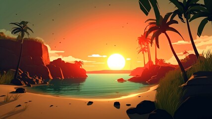 comic sunset at the beach concept art game generative ai