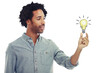 © Shubham/peopleimages.com - Man, light bulb and ideas with thinking, surprise or problem solving by png background for innovation. Isolated model, male and brainstorming for idea, inspiration or think of solution with 3d light