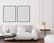 White living room mockup, contemporary interior design room, black frames on white wall, 3d render 