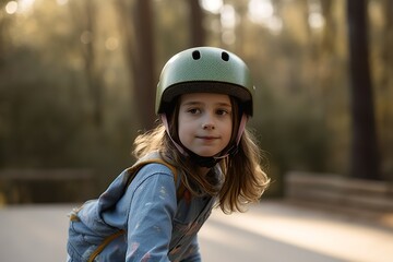 head shot of young little girl skateboarding in the park. generative ai