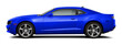 Modern powerful american muscle car in dark blue color. Side view on a transparent background, in PNG format.
