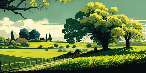 Canvas Print - Scenery with verdant meadows and towering trees Generative AI