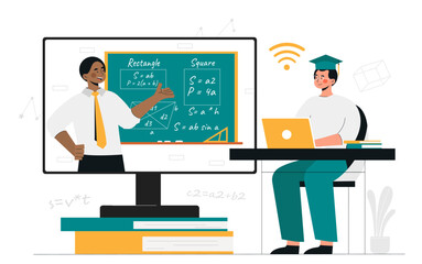 Poster - Online education concept. Young guy in graduate hat listens to teachers lecture at blackboard. Education, learning and training, online webinar. Distance lesson. Cartoon flat vector illustration