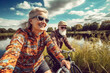 elderly couple cycling through a forest area with a lake. generative ai