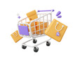 3d cartoon design illustration of Shopping cart with parcel box and shopping bags with discount tag, Shopping online concept.