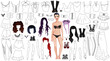 Goth Girl Coloring Page Paper Doll with Female Body Template, Clothing, Hairstyles and Accessories. Vector Illustration