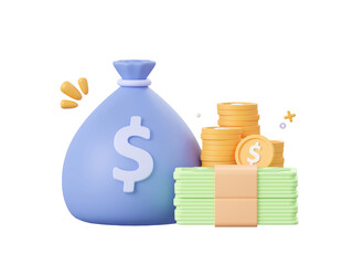 3d cartoon design illustration of Money bag, dollar coin and banknote, Money savings concept.