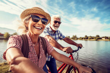 Happy Older Couple Explores Nature By Bike. Generative Ai