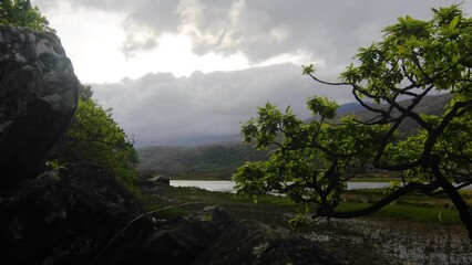 Sticker - Valley and rocky mountains with a dramatic cloudy sky, iconic Irish viewpoint, Ladies' View