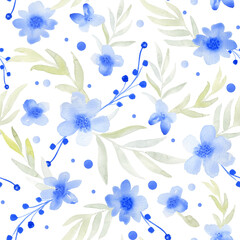  Blue watercolor flowers and leaves seamless pattern. Hand drawn abstract floral endless background for fabric and wallpaper.
