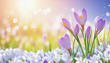 Spring Crocus Flowers In Spring, Beautiful Sun Banner, Illustration< AI Generated