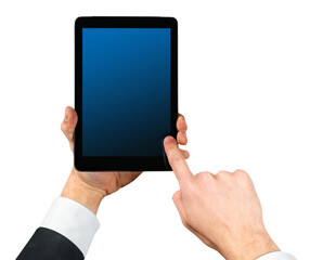 Businessman  holding tablet pc   isolated on white background
