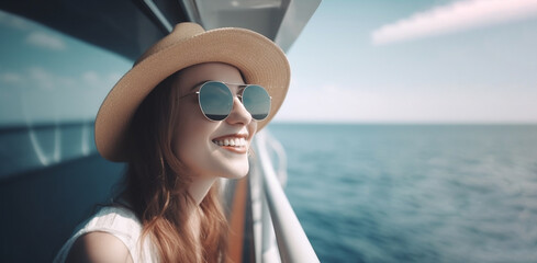 Cruise holiday, elegant woman portrait smiling on cruise ship deck, copy space on blue sky. Generative AI