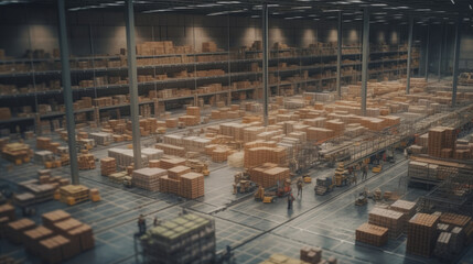 Rows of shelves with boxes in modern warehouse. AI generated