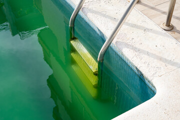 Swimming pool with dirty green water close-up.