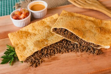 a closeup shot of a pastel with meat
