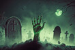 Halloween composition, zombie hand raising from the ground, ai generated