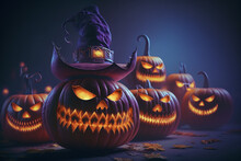 Scary Carved Pumpkins With Evil Eyes, Jack-o-lanterns In Witch Hats, Halloween Composition, Ai Generated