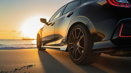 Honda civic FE in black color chasing sunset at the beach during golden hour. Created using generative AI.