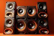 A bunch of music speakers in sound recording studio, professional hi-end loudspeakers, generative ai